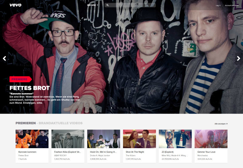 Der werbefinanzierte Musikdienst Vevo zeigt kostenlos über 75.000 Musikvideos und Live-Konzertmitschnitte.