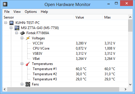 Open Hardware Monitor zeigt in Echtzeit Temperatur, Taktung und Spannung Ihres Haupt- und Grafikprozessors, die Speicherauslastung oder die Lüfterdrehzahl an.
