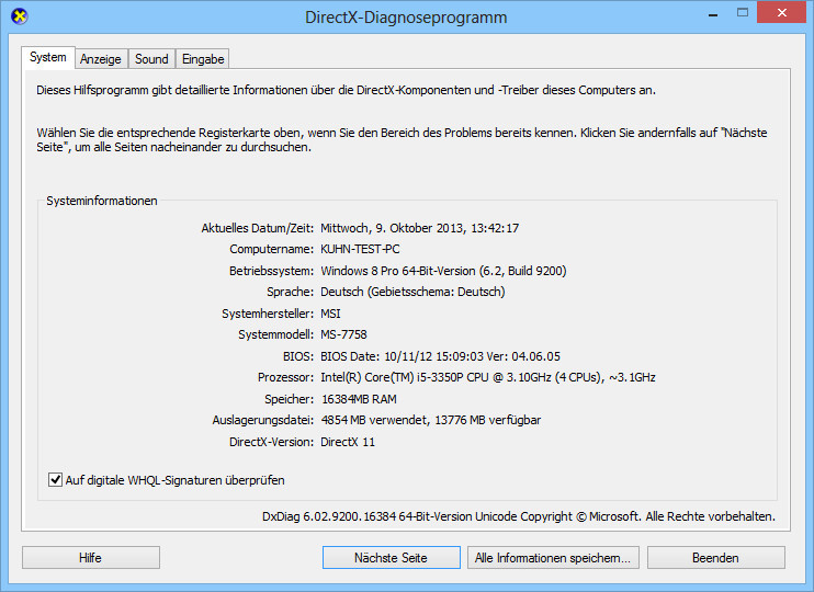 DirectX: Welche DirectX-Version auf Ihrem PC installiert ist, testet das DirectX-Diagnoseprogramm „dxdiag“.