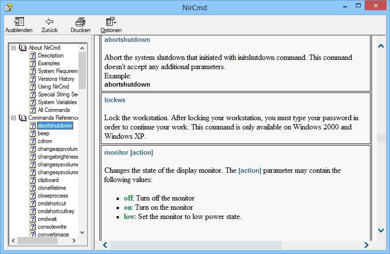 NirCmd beherrscht mehr als 100 Befehle. Die vollständige Befehlsliste finden Sie in der Hilfedatei „NirCmd.chm“.