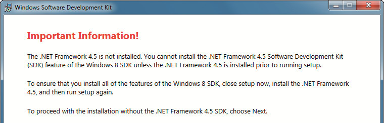 Falsche Warnung: Das Windows Performance Toolkit benötigt das .NET Framework 4.5 nicht. Sie können die Warnung getrost ignorieren und die Meldung mit „Next“ wegklicken