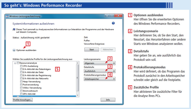 Windows Performance Recorder: Das Tool  protokolliert sehr detailliert, was Windows macht, wenn es läuft. Dadurch können Sie Leistungsbremsen aufdecken
