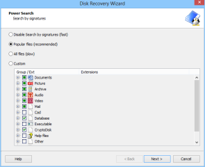 Der integrierte Disk Recovery Wizard sucht nach wieder herstellbaren Dateien. Diese Suche lässt sich auch auf spezielle Dateiarten eingrenzen.