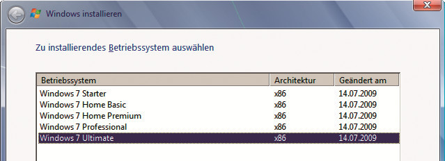 Windows 7 installieren: Wählen Sie die Ultimate-Version aus, um sie in Ihrer VHD zu installieren
