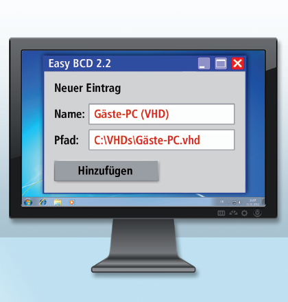 Gäste-PC im Boot-Manager eintragen: Die neue Datei „Gäste-PC.vhd“ tragen Sie anschließend im Windows-Start-Manager ein – unter dem Namen „Gäste-PC (VHD)“.