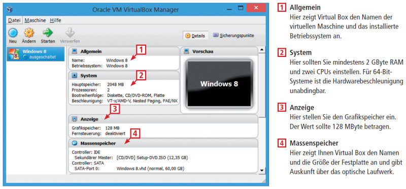Virtual Box: Die kostenlose Virtualisierungs-Software hat den größten Funktionsumfang. Anders als Vmware unterstützt Virtual Box auch das Festplattenformat „VHD“.