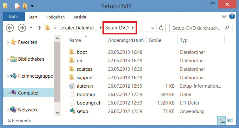 Ordner für die Setup-DVD: Extrahieren Sie das ISO-Image von Windows 8 Enterprise auf die Festplatte in den Ordner „Setup-DVD“.