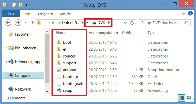 Setup-Stick erstellen: Kopieren Sie sämtliche Setup-Dateien und Unterordner aus dem Ordner „C:\Setup-DVD“ auf den vorbereiteten USB-Stick.