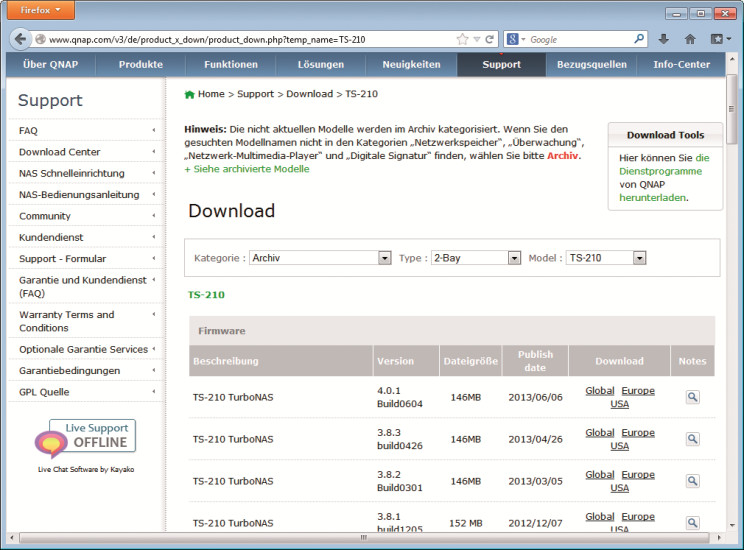 Download-Bereich: Qnap bietet auch für ältere NAS-Server noch Software-Aktualisierungen an