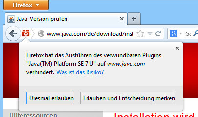 Firefox: Beim Aufruf einer Webseite, die Java benötigt, warnt Firefox nun mit einem roten Symbol in der Adressleiste.
