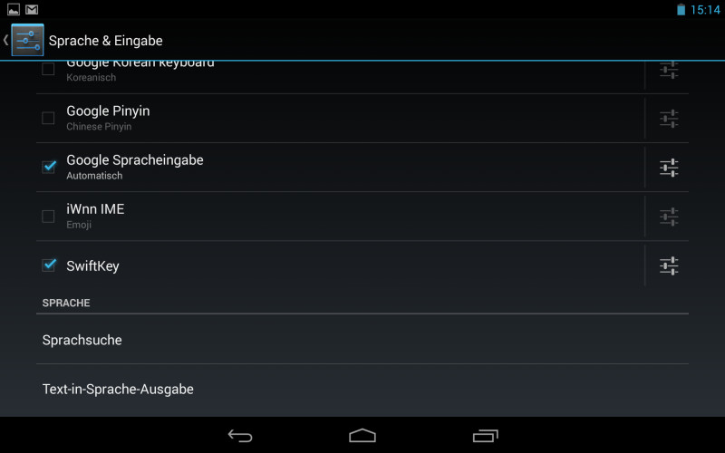 Sprachausgabe: Den Optionen für die Offline-Nutzung finden Sie in den Android-Einstellungen im Bereich „NUTZER“ unter „Sprache & Eingabe“.