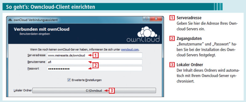 Owncloud-Client einrichten: Der Owncloud-Client für Windows synchronisiert einen oder mehrere Ordner auf Ihrem PC mit Ihrem Owncloud-Server
