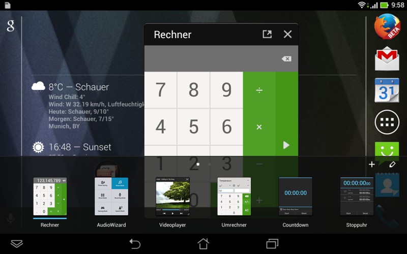 MiniAppDocking: Eine zusätzliche Schaltfläche in der Android-Bedienleiste des Fonepad, startet Widgets als schwebende Anwendungen.