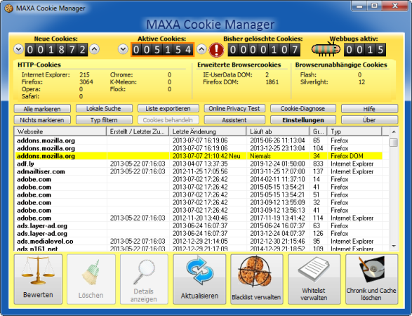 Maxa Cookie Manager verwaltet Browser- und systemweite Cookies, be­wertet und zeigt deren Inhalt und löscht auf Wunsch alle Datensammler von Ihrem PC.