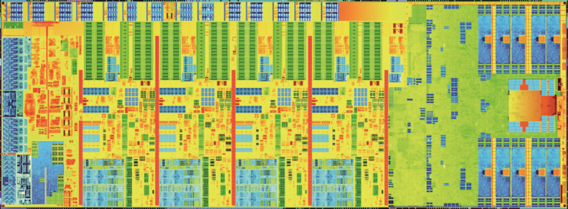 Die-Shot: Dieses Farbspiel zeigt die Siliziumschicht eines Prozessors. Sie wird „Die“ genannt. Auf der linken Seite nehmen die vier Prozessorkerne etwa zwei Drittel der Fläche ein, der Grafikkern belegt das rechte Drittel.