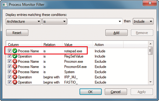 Prozess-Filter: Grenzen Sie die Liste der Prozesse ein, indem Sie sie filtern. Tippen Sie dazu in das Eingabefeld den Namen des Prozesses ein – hier notepad.exe