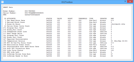 Die OCZ Toolbox liest zwar die mit SMART protokollierten Daten der SSD aus, präsentiert sie aber wenig anschaulich als reine Texttabelle.