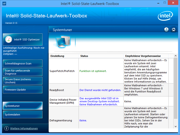 Die Intel SSD Toolbox enthält auch Vorschläge zu Einstellungen, um die Systemleistung in Verbindung mit der SSD zu verbessern.