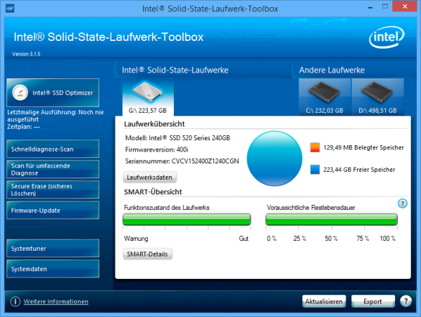 Intel SSD Toolbox bietet einen „Schnelldiag­nose-Scan“ für Ihre SSD und einen „Scan für umfas­sende Diagnose“.