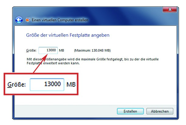 Größe der virtuellen Festplatte: Damit das Windows später auf den USB-Stick passt, wählen Sie hier maximal 13 GByte als Festplattengröße aus (Bild 3).