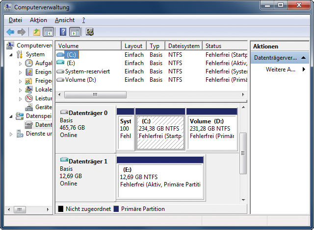 Windows 7 manipulieren: Bevor Sie die virtuelle Windows-7-Installation auf den USB-Stick übertragen, müssen Sie noch die Registry des virtuellen Windows bearbeiten. Mounten Sie dazu die Festplatte der virtuellen Maschine, hier „E:“ (Bild 7).