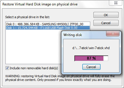 Windows 7 auf den USB-Stick kopieren: Das Tool Winimage 8.50 schreibt das Image des virtuellen Windows 7 auf den USB-Datenträger (Bild 8).