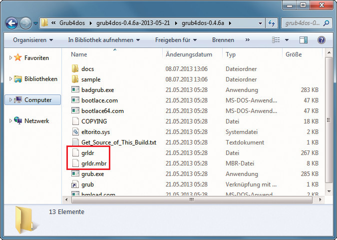 Startdateien kopieren: Damit Grub4Dos gestartet werden kann, kopieren Sie die Dateien „grldr“ und „grldr.mbr“ aus dem Grub-Verzeichnis auf Ihren USB-Stick
