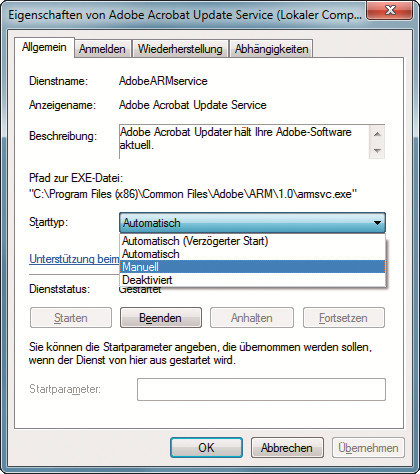 Dienste einrichten: Konfigurieren Sie Dienste individuell und setzen Sie etwa den „Adobe Acrobat Update Service“ auf manuelles Starten