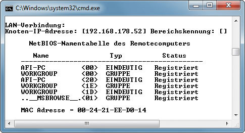 IP-Check: Der Kommandozeilenbefehl nbtstat findet zu einer IP-Adresse heraus, wie der Name des fremden Computers lautet (Bild 4).