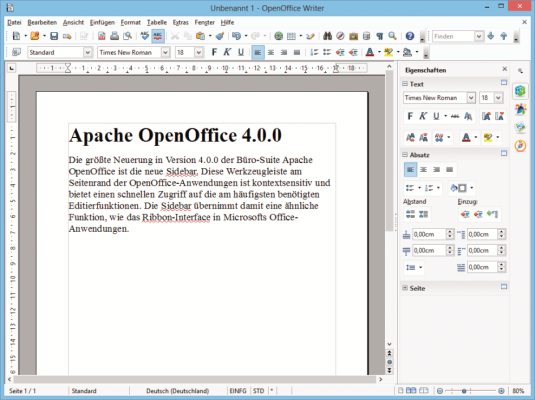 Platz 13 – Apache OpenOffice: Die Programme des Büropakets haben nun eine Sidebar mit häufi g benötigten Funktionen