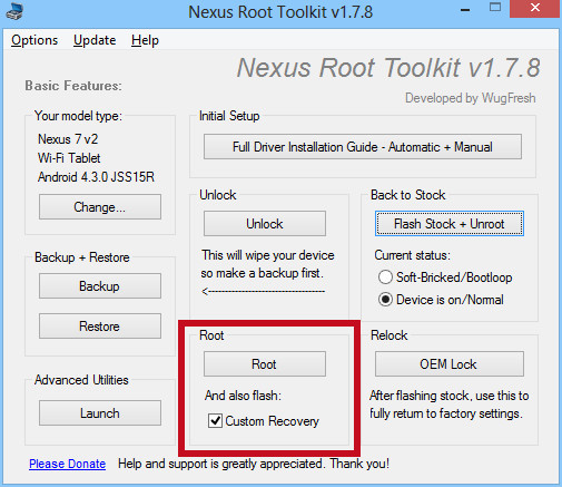 Aktivieren Sie im Nexus Root Toolkit im Bereich „Root“ die Option „Custom Recovery“ und klicken Sie dann auf die Schaltfläche „Root“.