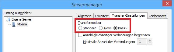 Passiver Modus: Wählen Sie die Option „Passiv“, damit die Datenverbindung vom Client und nicht vom Server aufgebaut wird.