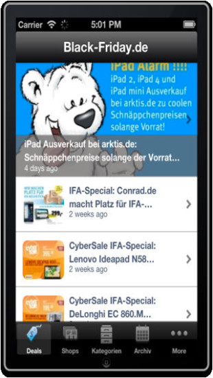 Schnäppchen-Jäger erhalten mit den Android- und iPhone-Apps von Black-Friday.de einen Überblick aller Rabattaktionen.
