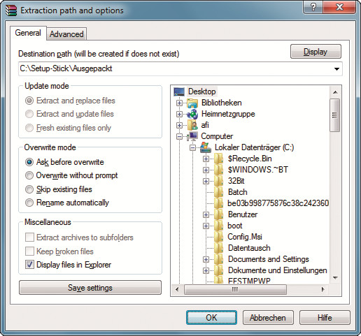 ISO-Datei entpacken: Entpacken Sie die ISO-Datei mit den Setup-Dateien von Windows 7 in den Ordner „C:\Setup-Stick\Ausgepackt“.