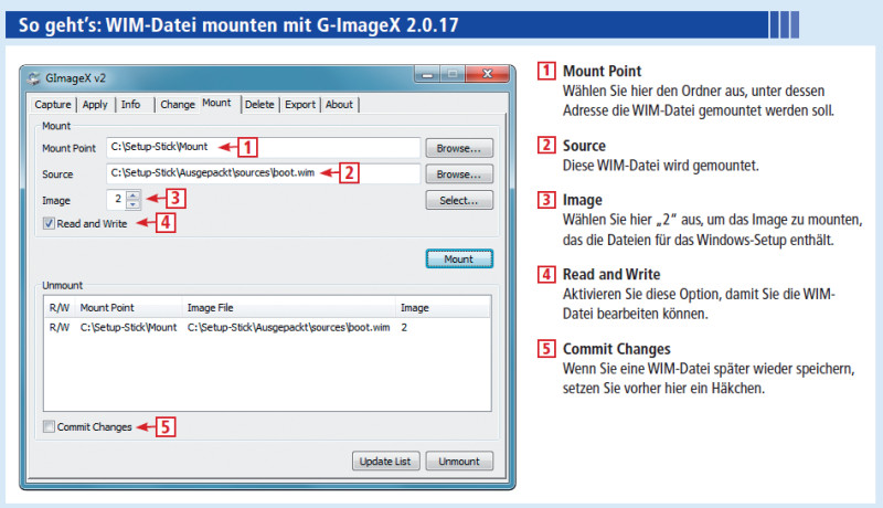 WIM-Datei mounten mit G-ImageX: Das kostenlose Tool bindet die WIM-Datei der Setup-DVD von Windows 7 in einen Ordner ein. Erst danach lässt sich die WIM-Datei bearbeiten.
