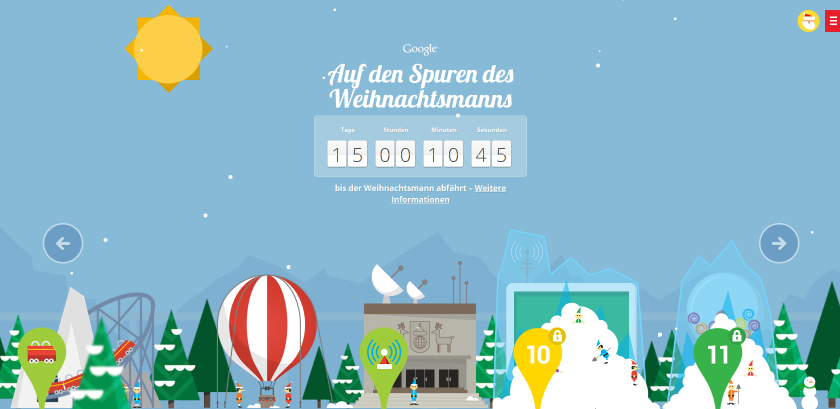 Der Adventskalender von Google enthält Tag für Tag kleine Browser-Games rund um die Arbeit des Weihnachtsmanns. Die Ortungsfunktion des Santa-Trackers soll am Heiligen Abend zudem zeigen, wo sich der Weihnachtsmann gerade befindet.