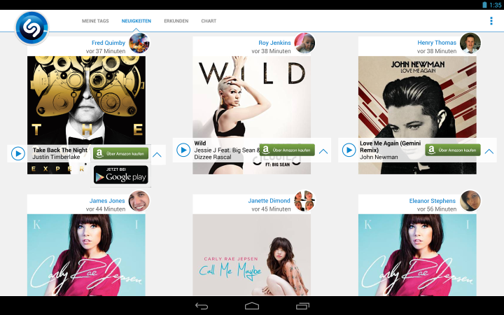 Shazam: Diese App erkennt Musik, die in Ihrer Umgebung gespielt wird. Tippen Sie einfach die Shazam-Taste für einen schnellen Online-Abgleich des Songs an.