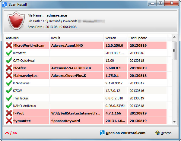 Virus gefunden: Ein Check mit Phrozensoft Virustotal Uploader zeigt, dass diese Datei verseucht ist.