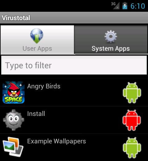 Android-App: Die Virustotal-App prüft alle auf dem Smartphone installierten Apps. Rote Männchen zeigen gefährliche Apps.