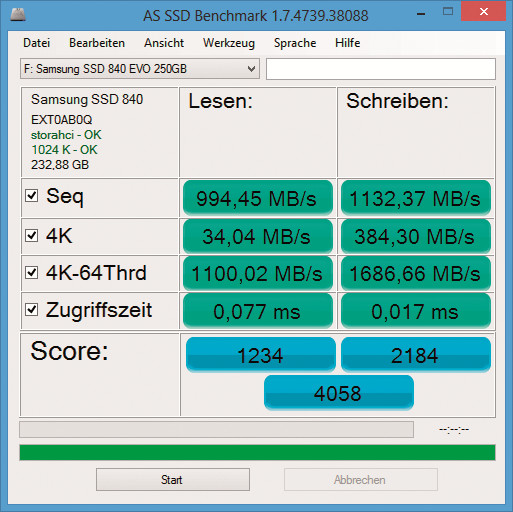 Rapid-Mode: Normale SSDs schreiben etwa 500 MByte/s. Die Caching-Technik Rapid-Mode verhilft der Samsung 840 Evo zu einer Schreibrate von 1132,37 MBytes/s