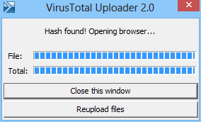 Sobald der VirusTotal Uploader den Datentransfer abgeschlossen hat, erscheint diese Meldung. Die Scan-Ergebnisse der Virenscanner öffnet das Tool automatisch im Webbrowser.