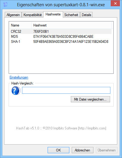 Mit HashTab finden Sie in den „Eigenschaften“ einer Datei auch deren CRC32-, MD5- und SHA1-Prüfsumme.
