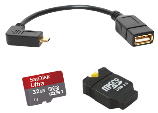 Diese Kombi bringt viel Speicherplatz für die Jackentasche: Günstige MicroSDHC-Speicherkarte von SanDisk mit 32 GByte, Mini-USB-Card Reader von System-S und ein abgewinkeltes OTG-Datenkabel von Bigtec für den MicroUSB-Anschluss.