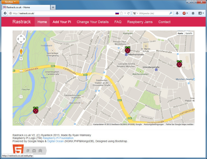 Rastrack: Die Webseite http://rastrack.co.uk lokalisiert alle registrierten Raspberry Pis und zeigt sie auf einer Google-Maps-Karte an.