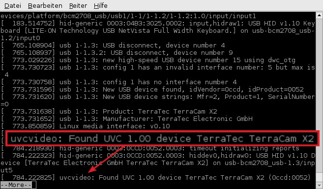 Webcam-Server: Im ersten Schritt prüfen Sie, ob der Raspberry Pi Ihre Webcam erkennt. Sie taucht im Erfolgsfall in der Zeile auf, die mit „uvcvideo“ beginnt.