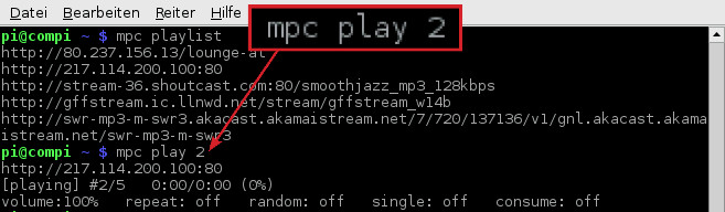 Internetradio: Der Music Player wird im Terminal bedient. Hier spielt der Befehl mpc play 2 den zweiten Eintrag in der Liste der Webradio-Sender.