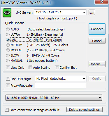 Ultra VNC: Aktivieren Sie „LAN“ und tragen Sie bei „VNC Server“ die IP-Adresse des Raspberry Pi ein, um sich mit ihm zu verbinden.
