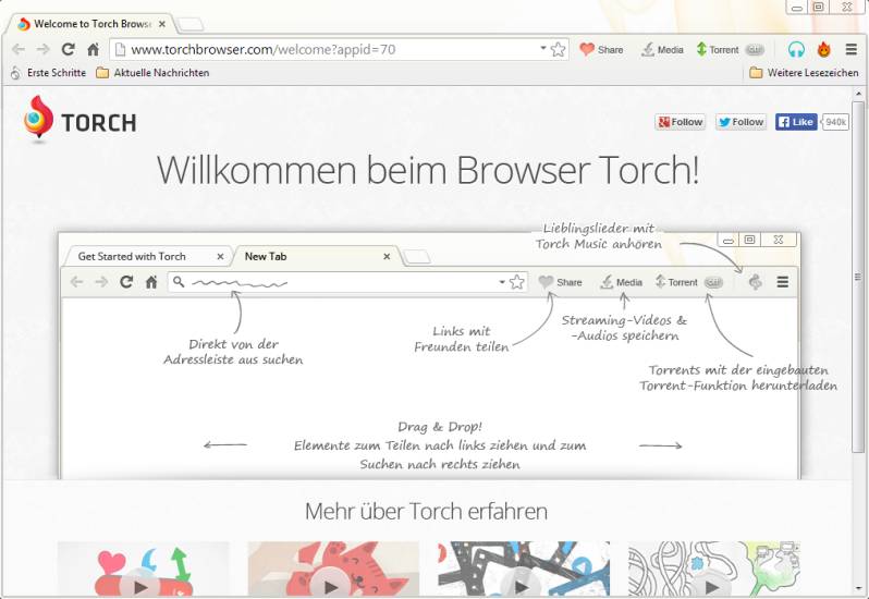 Der Torch-Browser zeichnet sich vor allem durch seine Zusatzfunktionen aus. So ist es zum Beispiel möglich, Elemente im Browser einfach nach links oder rechts zu ziehen, um sie zu teilen oder im Netz danach zu suchen.