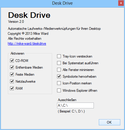 Desk Drive erleichtert die Arbeit mit externen Speichermedien und anderen Massenspeichern, indem das Tool für alle angeschlossenen Speichermedien automatisch eine Verknüpfung auf dem Desktop anlegt.