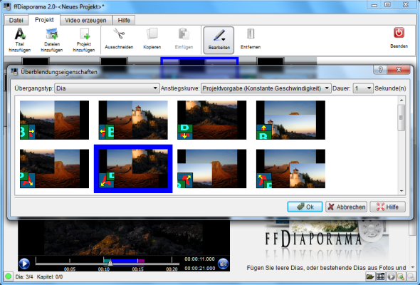 FF Diaporama verwandelt Fotos und Videoclips in ausdrucksstarke HD-Filme. Die einzelnen Sequenzen lassen sich mit Übergängen oder Zoom-, Rotations- und Ken-Burns-Effekten versehen.